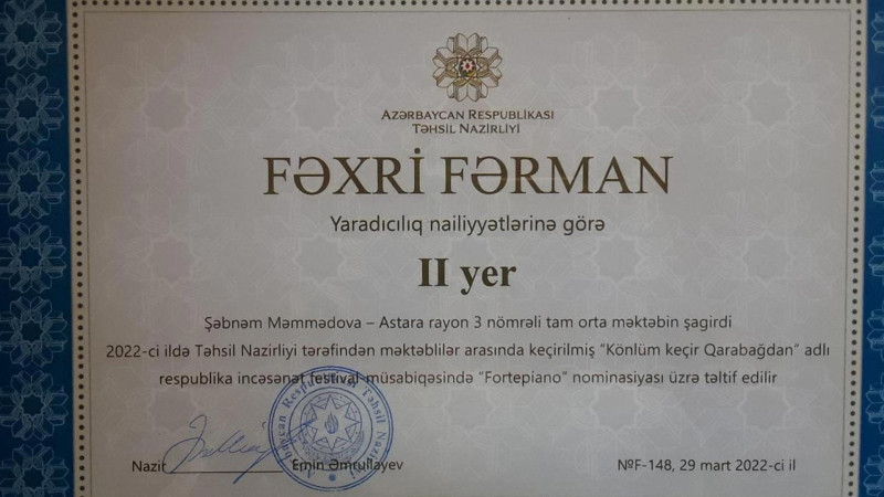 Astaralı şagird Könlüm keçir Qarabağdan müsabiqəsində fəxri yer tutub