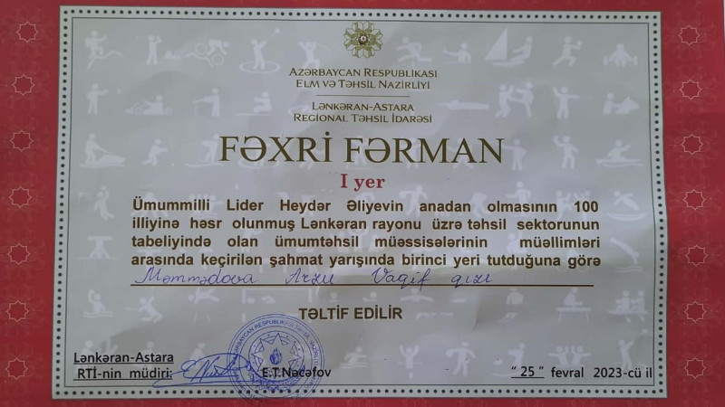 Lənkəran: 4 nömrəli məktəbin müəllimi şahmat yarışında qalib olub