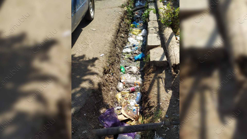 Bazara gedən yolda xəndəklər məişət tullantıları ilə dolub-daşır