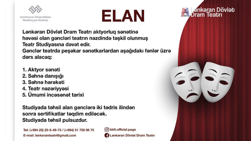 Lənkəran Dövlət Dram Teatrı pulsuz aktyorluq dərslərinə dəvət edir