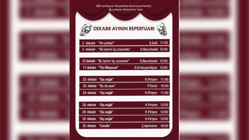 Lənkəran Dövlət Dram Teatrı dekabr repertuarını təqdim edib