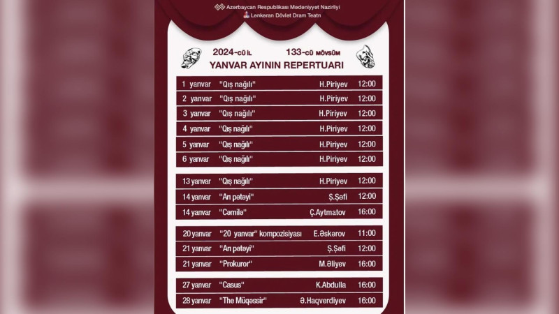 Lənkəran Dövlət Dram Teatrı yanvar repertuarını açıqlayıb