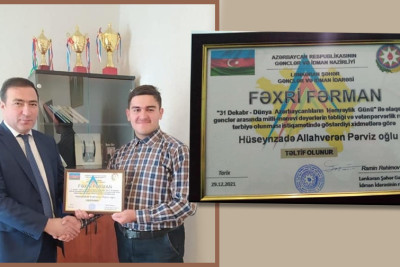 Lənkəranlı gənc Fəxri fərmanla təltif olundu