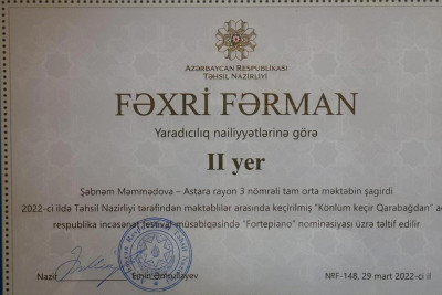 Astaralı şagird "Könlüm keçir Qarabağdan" müsabiqəsində fəxri yer tutub