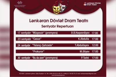 Lənkəran Dövlət Dram Teatrının sentyabr repertuarı